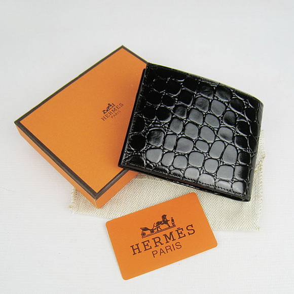Cheap Replica Hermes Black Crocodile Veins Bi-Fold Wallet H014